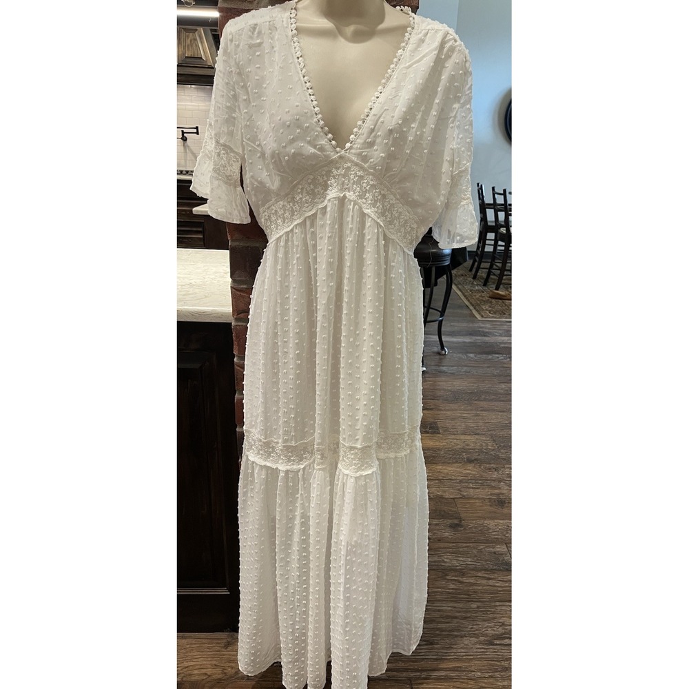 White Swiss Dot Maxi Dress M Boho Cottagecore Lace Bell Sleeve Unbranded